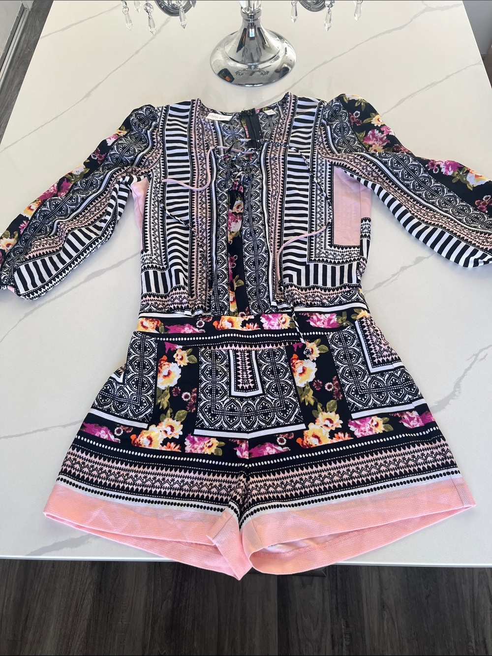 Floral Mix Print Romper in Black & Pink - Brand: